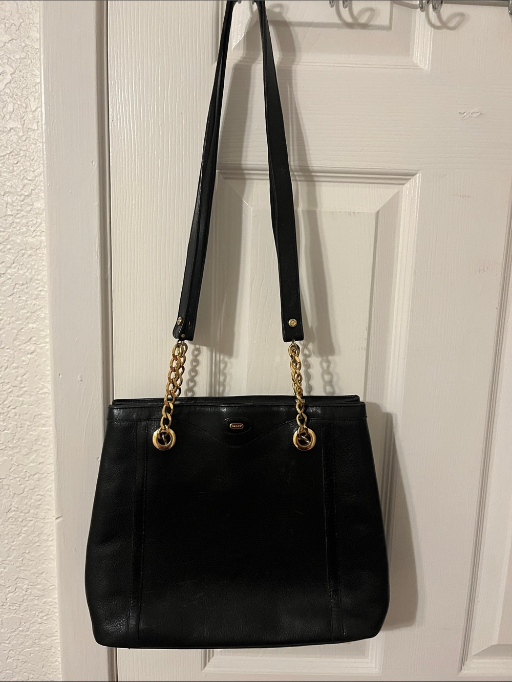 Bally Black Leather Shoulder Bag with Gold Chain Straps